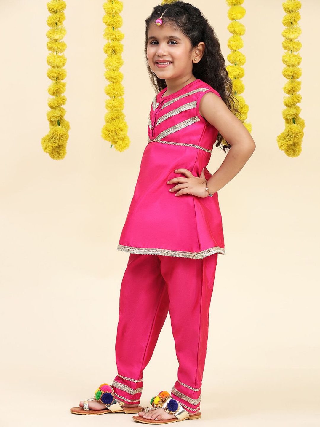 Cutiekins Girls A-Line Gotta Patti Silk Kurta with Trousers