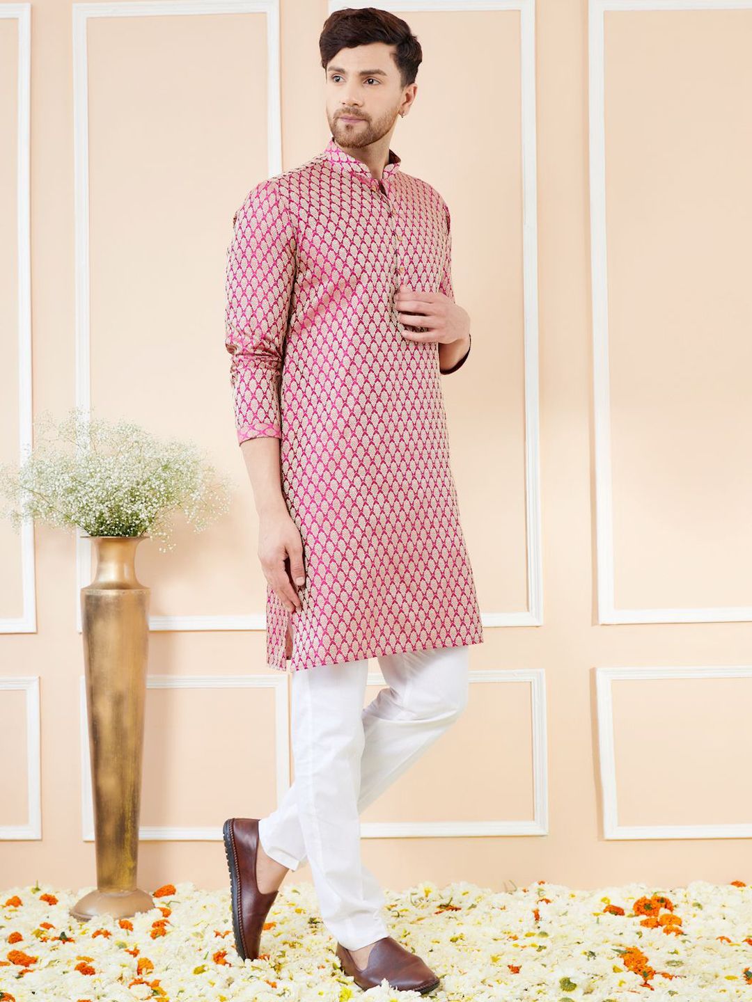See Designs Ethnic Motifs Woven Design Long Sleeves Regular Straight Kurta & Pyjama