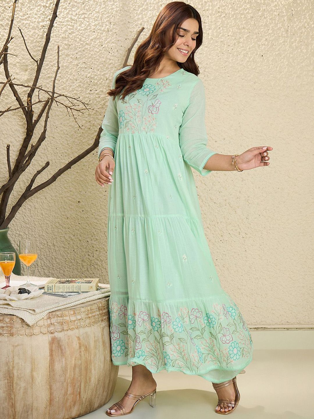 Indo Era Floral Embroidered Thread Work A-Line Pure Cotton Kurta