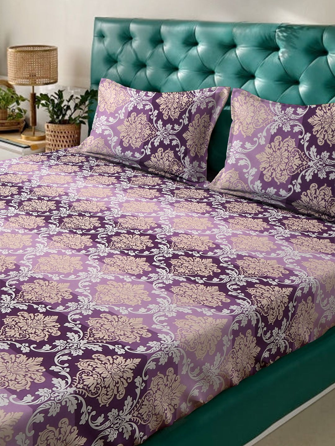 Myntra Elegant Homes Purple & Gold-Toned Floral 300 TC King Bedsheet with 2 Pillow Covers