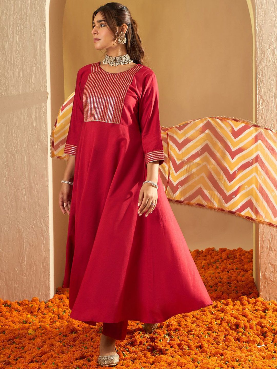 Indo Era Chevron Embroidered Sequinned Liva A-Line Kurta With Trousers & With Dupatta
