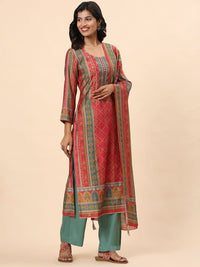 Mamicha Women Ethnic Motifs Printed Regular Mirror Work Pure Cotton Kurta with Trousers & With Dupatta