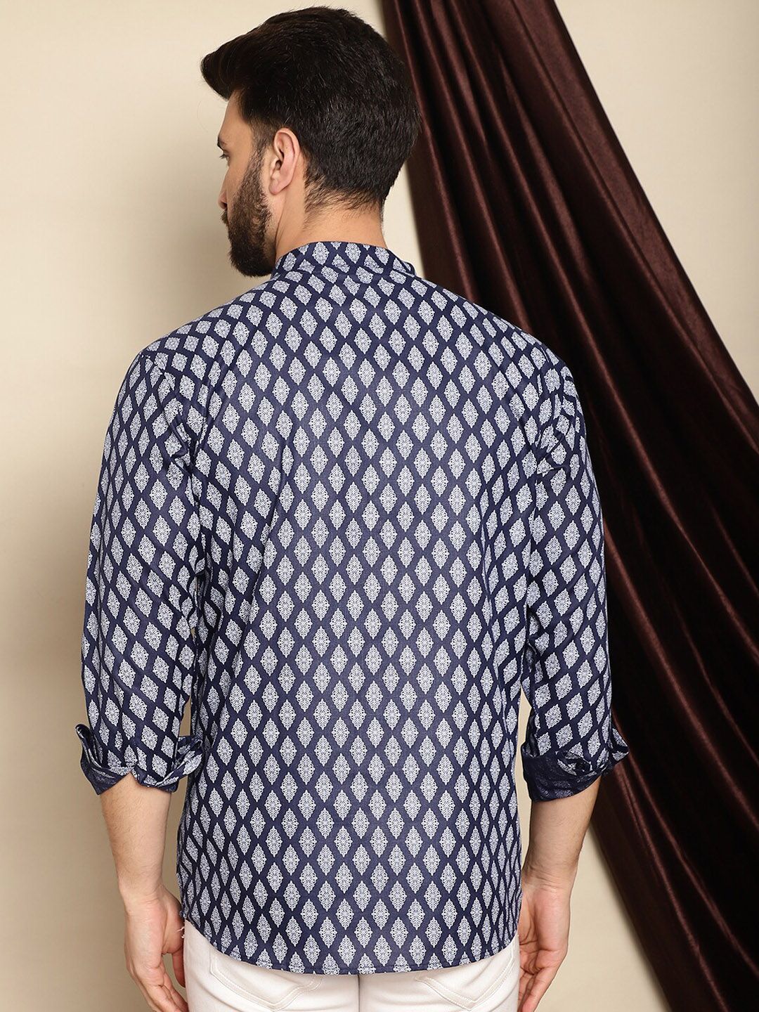 Anouk Navy Blue Ethnic Motifs Printed Band Collar Short Kurta