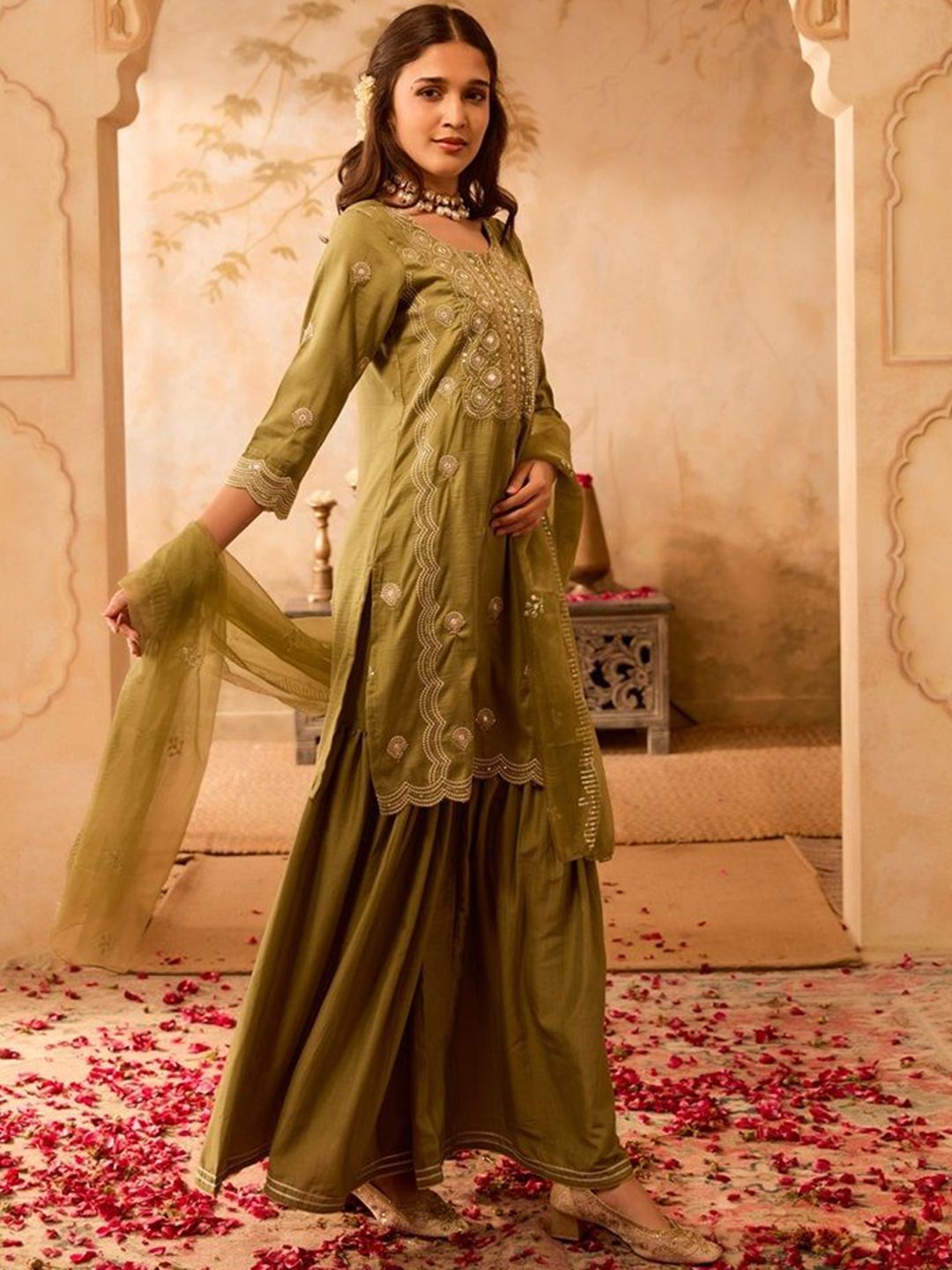 Bani Women Floral Embroidered Sequinned Straight Kurta with Palazzos & Dupatta
