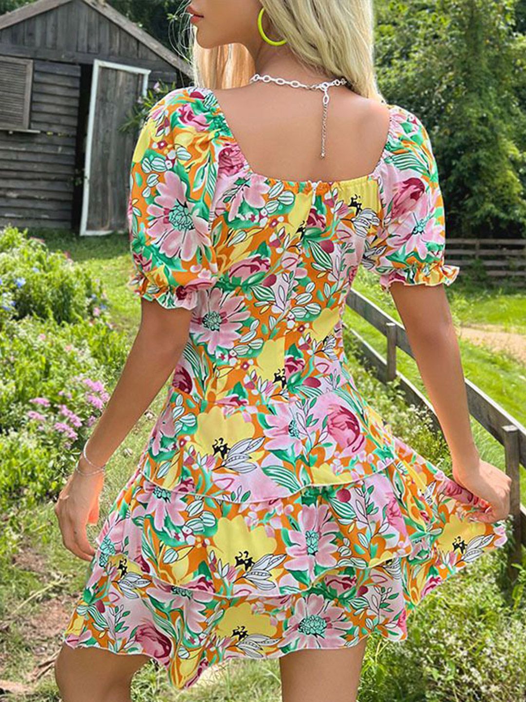 DressBerry Women Floral Print Satin  Tie Up Neck Fit & Flare Midi Dress