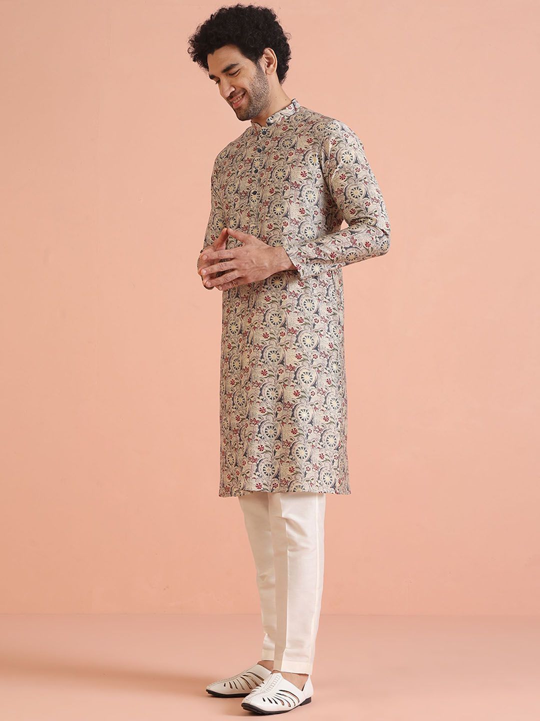 KISAH Floral Embroidered Kantha Work Mandarin Collar Straight Kurta with Trousers