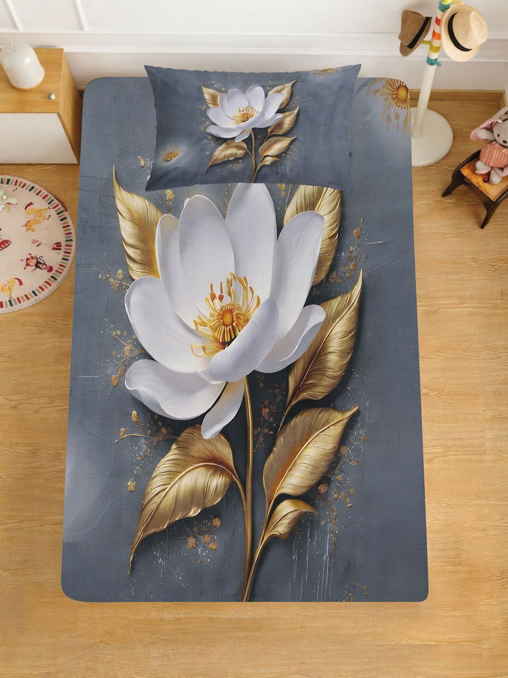 Myntra Elegant Grey & White Floral 400 TC Single 7D Bedsheet with 1 Pillow Cover