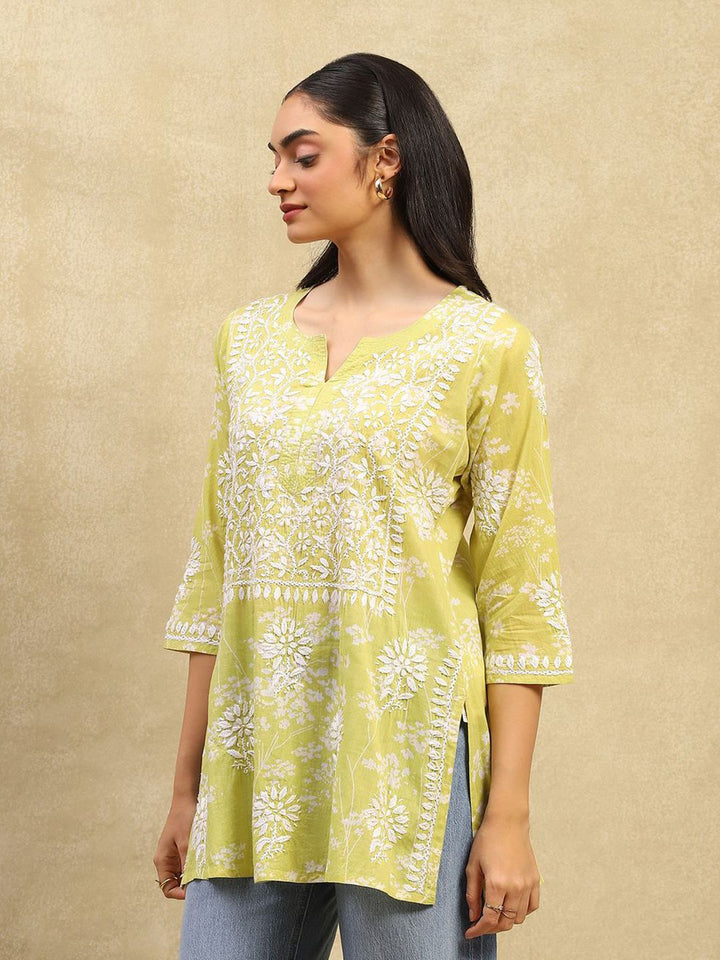 Rumah Chikankari Wanita Kapas Hijau Chikankari Sulam Kurti