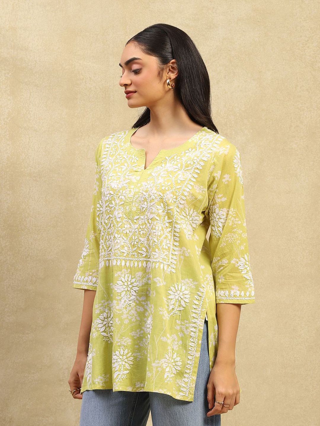 Rumah Chikankari Wanita Kapas Hijau Chikankari Sulam Kurti