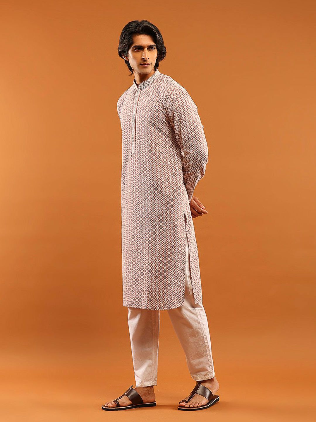 House of Chikankari Men Dusty Pink Rayon Sulam Kurta