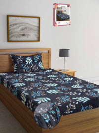 Myntra Elegant Homes Black Floral Cotton Breathable 300 TC Fitted Single Fine Bedsheet with a Pillow Cover-87 x 59 inches
