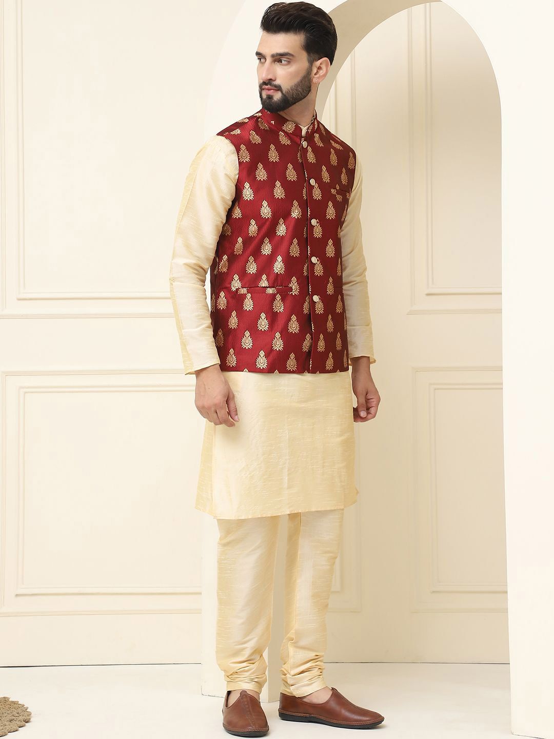 SOJANYA Mandarin Collar Silk Cotton Kurta With Churidar & Woven Design Nehru Jacket