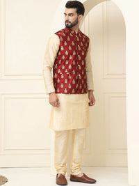 SOJANYA Mandarin Collar Silk Cotton Kurta With Churidar & Woven Design Nehru Jacket