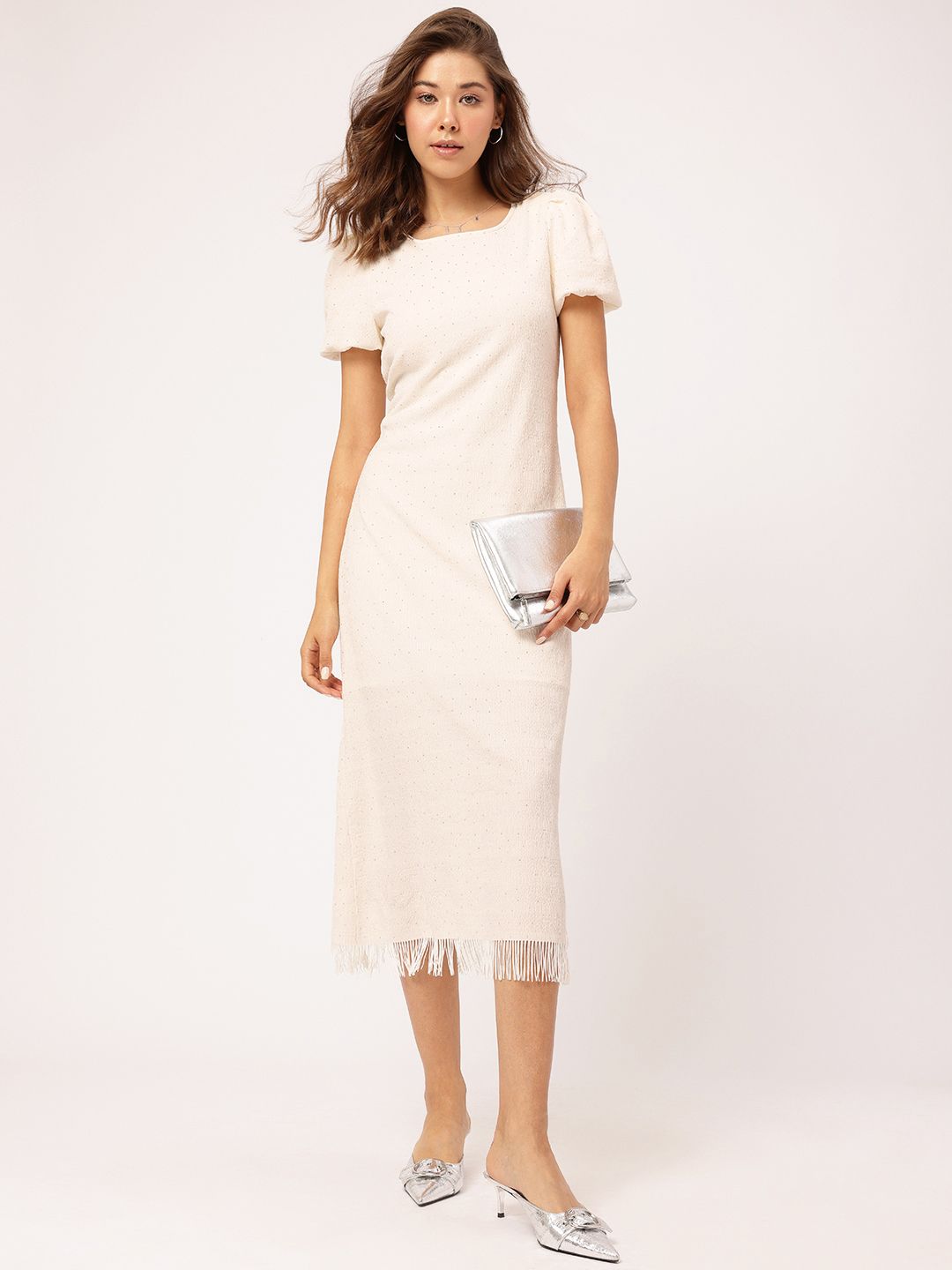 DressBerry Gleam Team Embellished Textured Fringed Hem Midi Sheath Dress