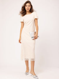 DressBerry Gleam Team Embellished Textured Fringed Hem Midi Sheath Dress