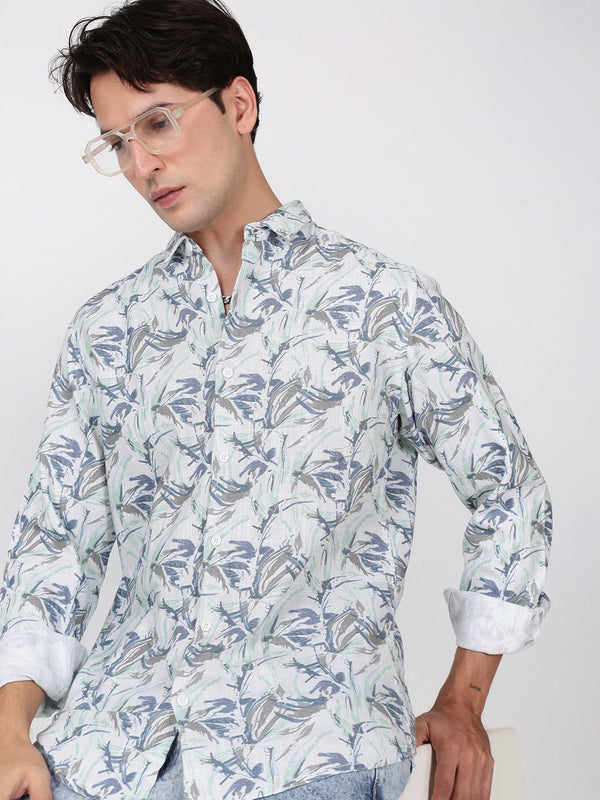 Bene Kleed Men Slim Fit Floral Printed Slub Texture Casual Shirt