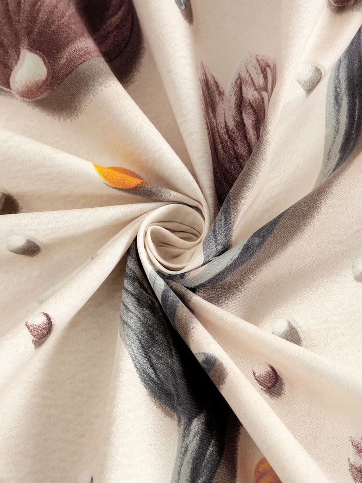 KLOTTHE Cream & Brown Floral Printed Fitted 300 TC King 7D Bedsheet With 2 Pillow Cover