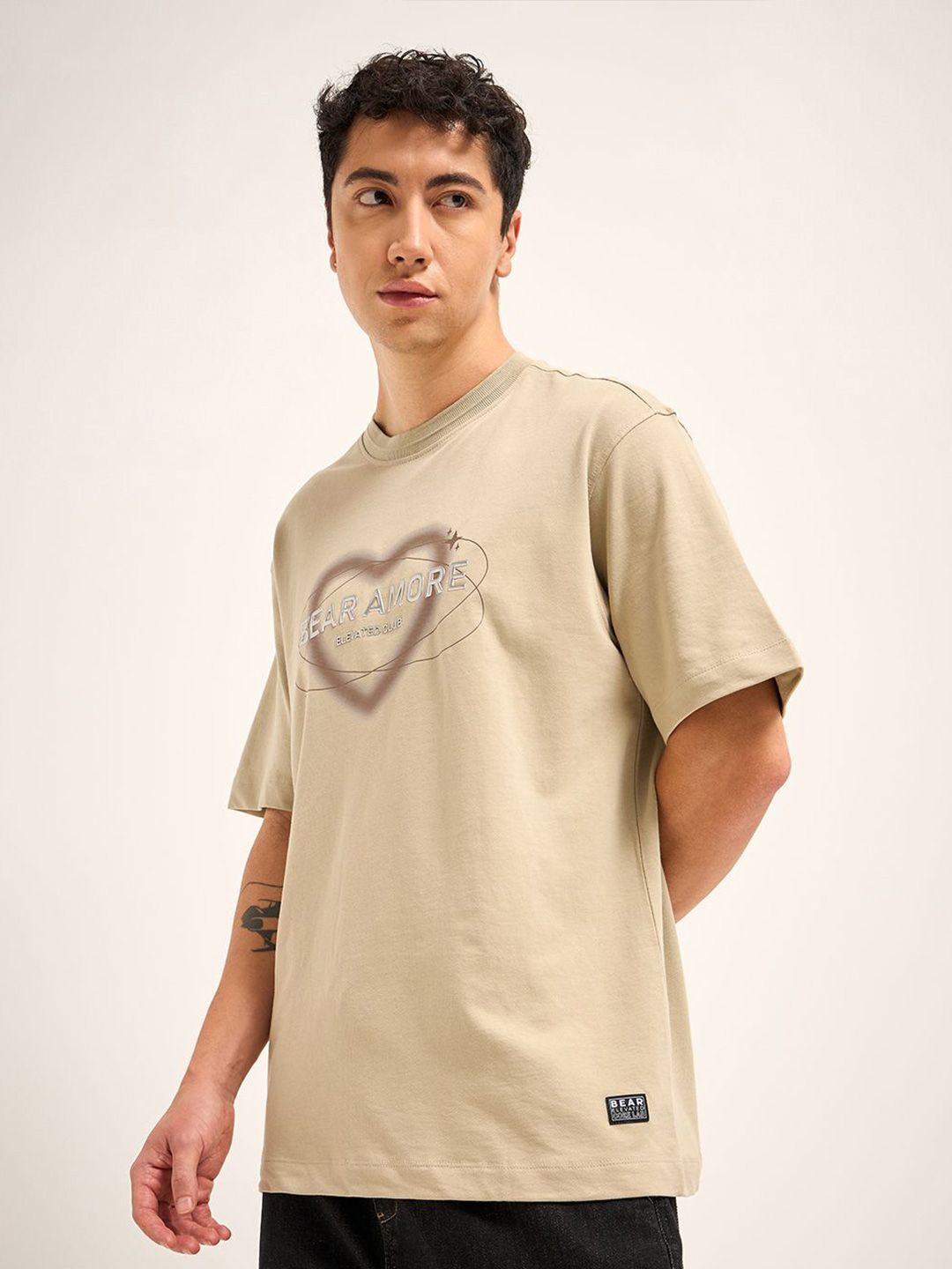 THE BEAR HOUSE Men Typography Printed Round Neck Cotton Oversized T-shirt