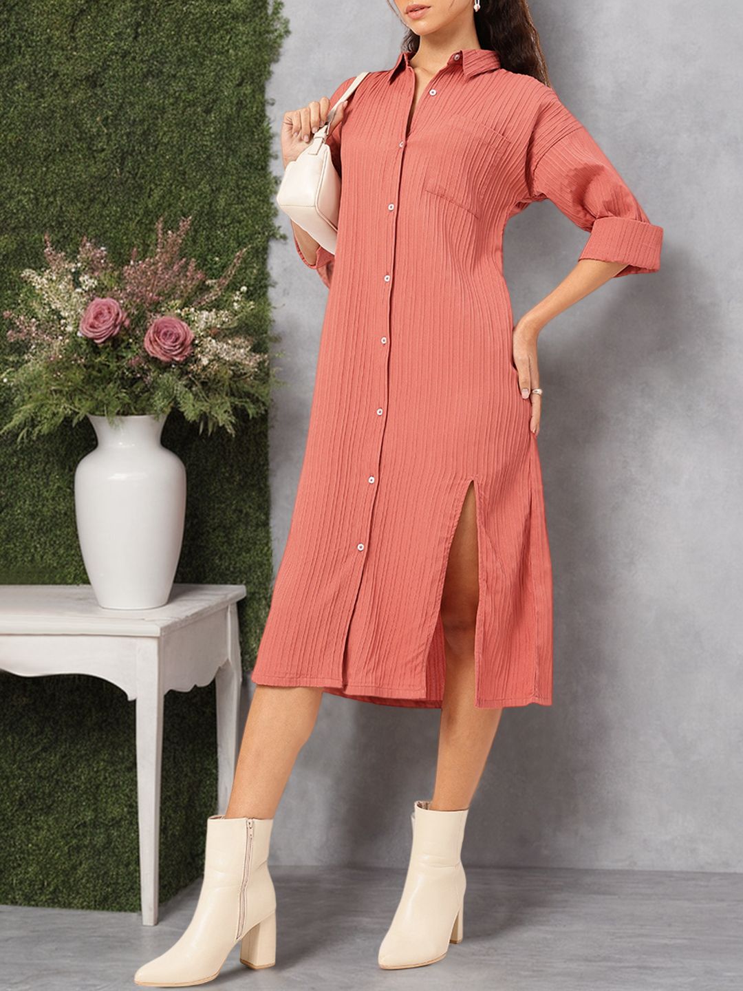 DressBerry Slit & Style Textured Midi Shirt Dress