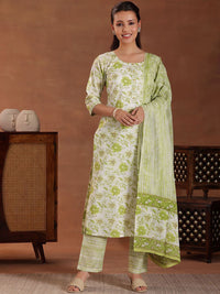 Libas Floral Printed Pure Cotton Straight Kurta With Trousers & Dupatta