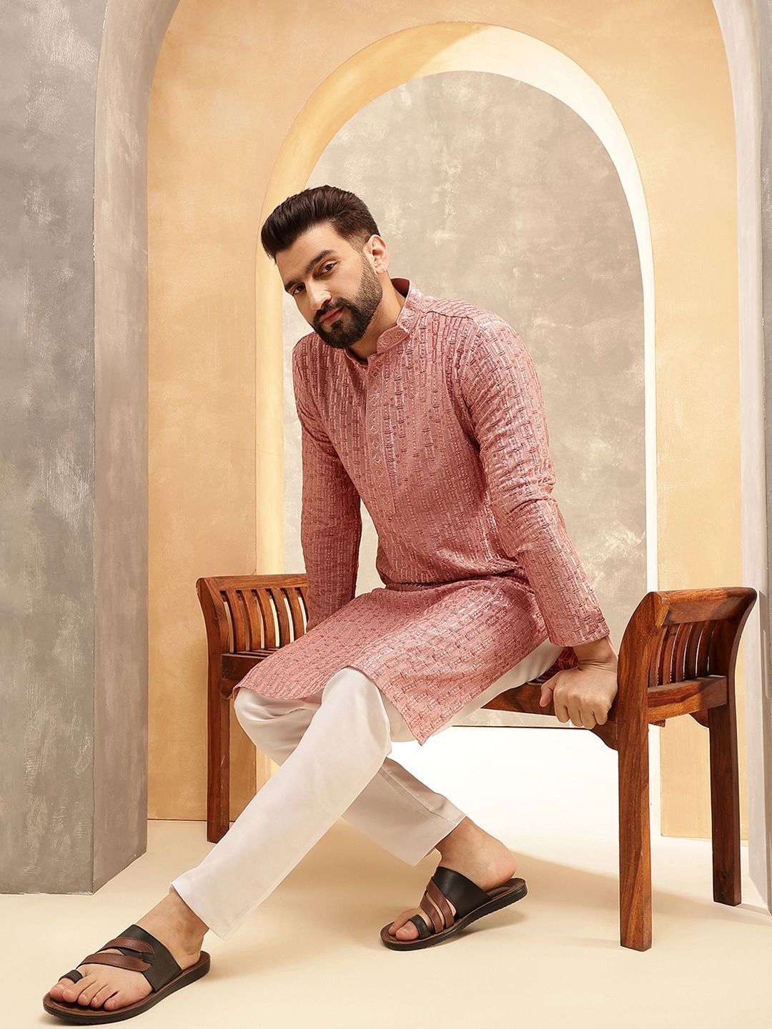 SOJANYA Ethnic Motifs Embroidered Mandarin Collar Sequinned Straight Kurta With Pyjamas