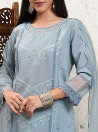 Vishudh Grey Floral Embroidered Round Neck Straight Kurta & Trousers With Dupatta