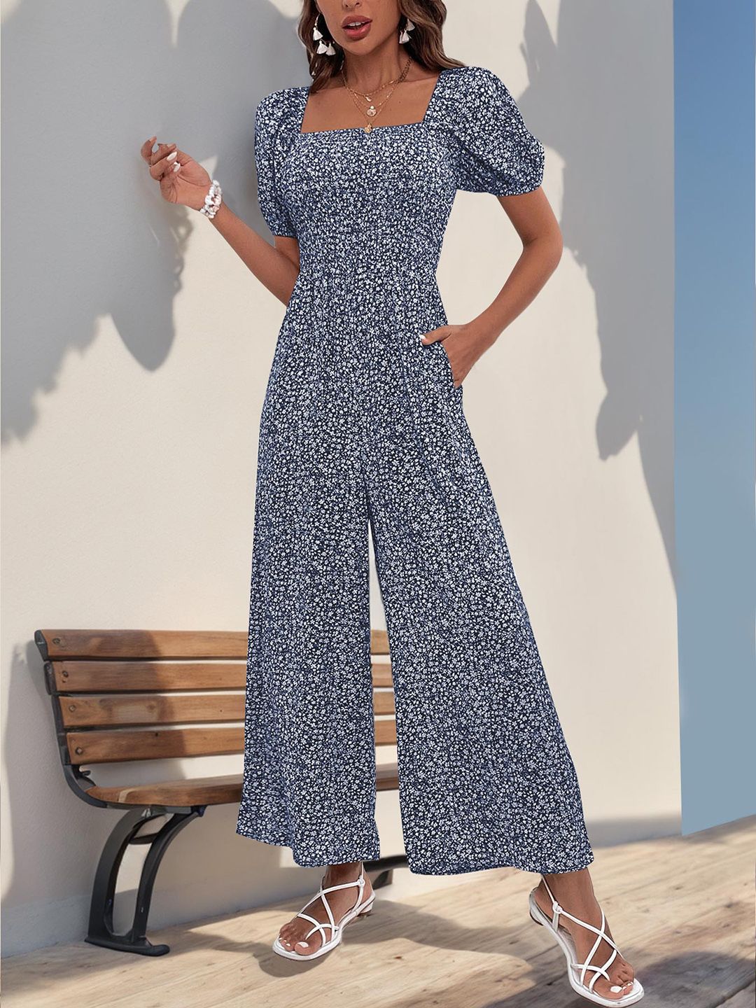 DressBerry Smocked Floral Printed Basic Jumpsuit