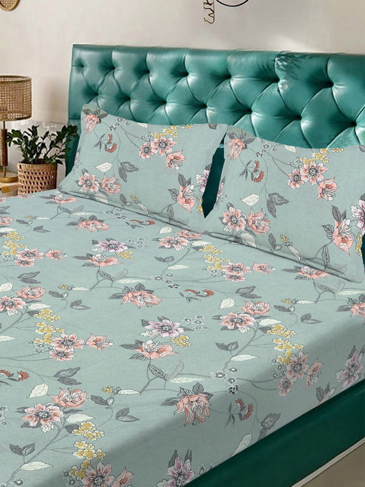 Aura Green Printed 300 TC Woolen King Bedsheet Set 2.50 m x2.25 m