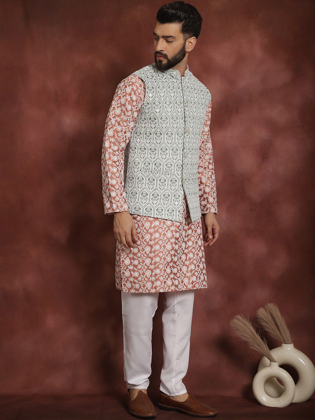 Anouk Floral Embroidered Regular Thread Work Kurta & Churidar With Nehru Jacket