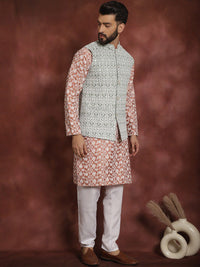 Anouk Floral Embroidered Regular Thread Work Kurta & Churidar With Nehru Jacket
