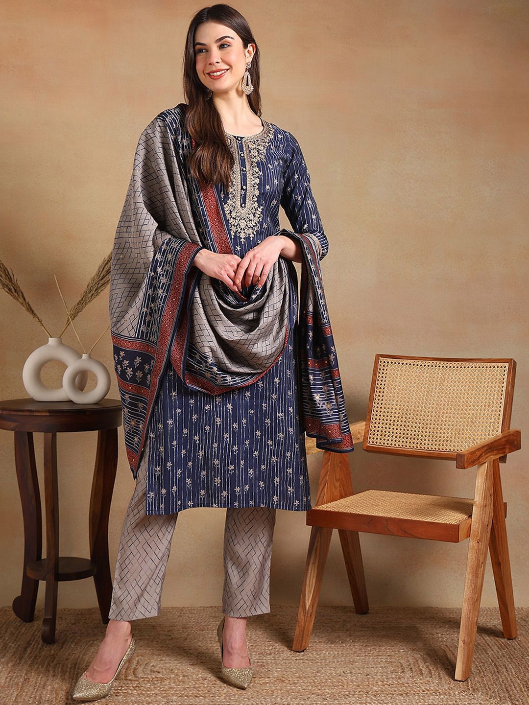 KALINI Floral Embroidered Zari Straight Silk Blend Kurta With Trousers & Dupatta