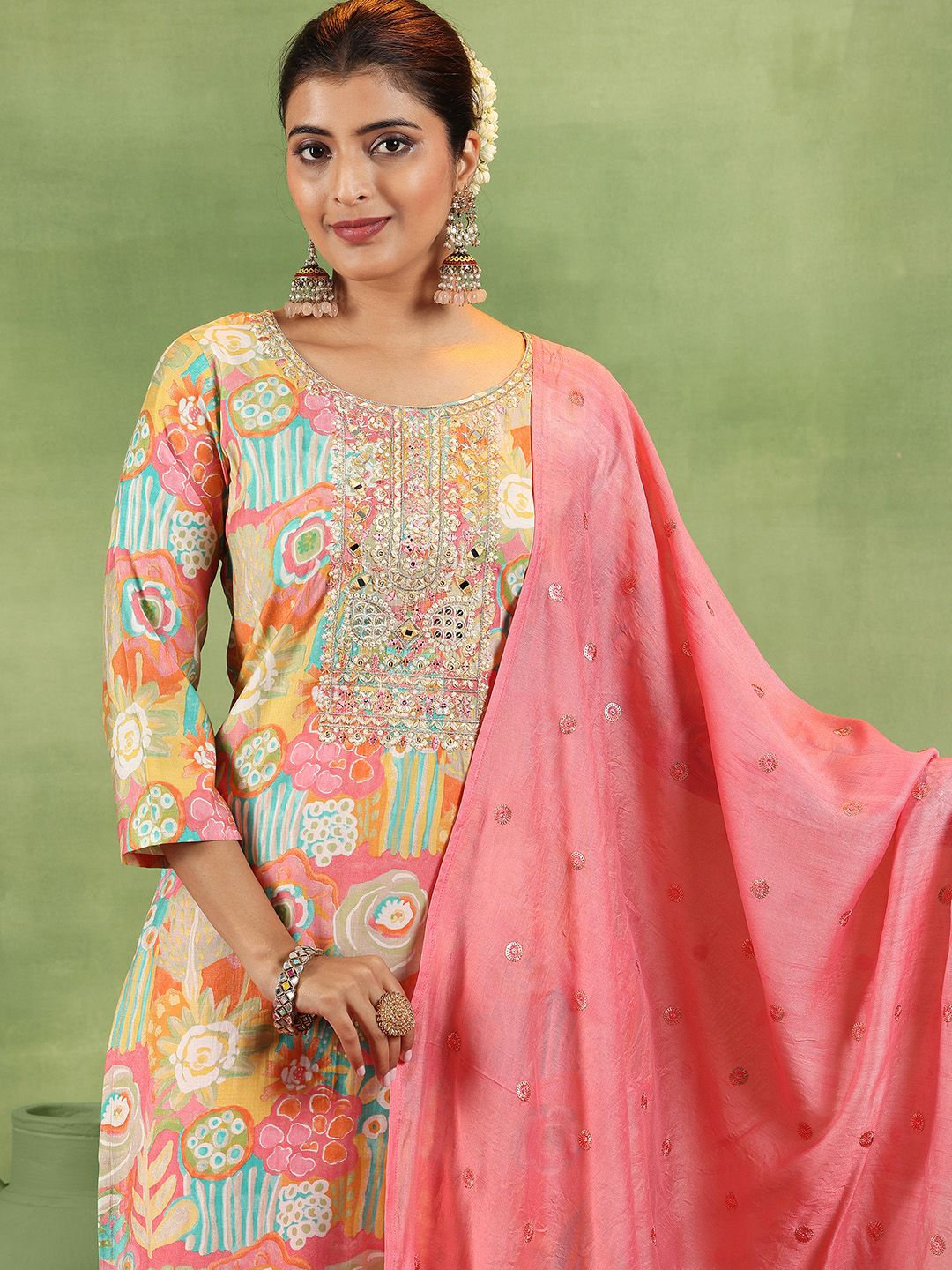 Libas Floral Embroidered Mirror Work Straight Kurta With Trousers & Dupatta