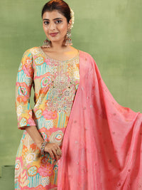 Libas Floral Embroidered Mirror Work Straight Kurta With Trousers & Dupatta