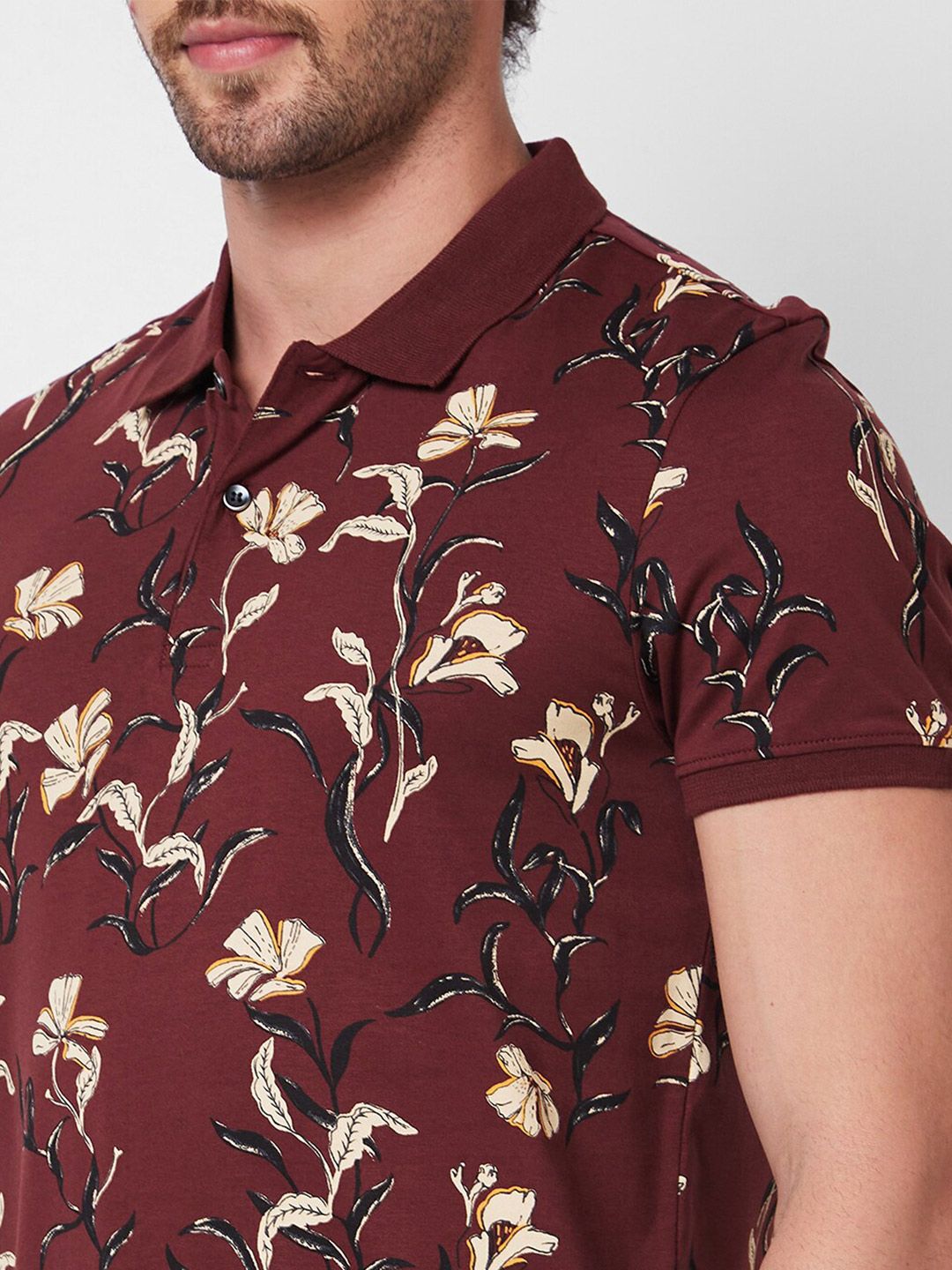 SPYKAR Polo Collar Short Sleeves Floral Printed Cotton Slim Fit T-shirt