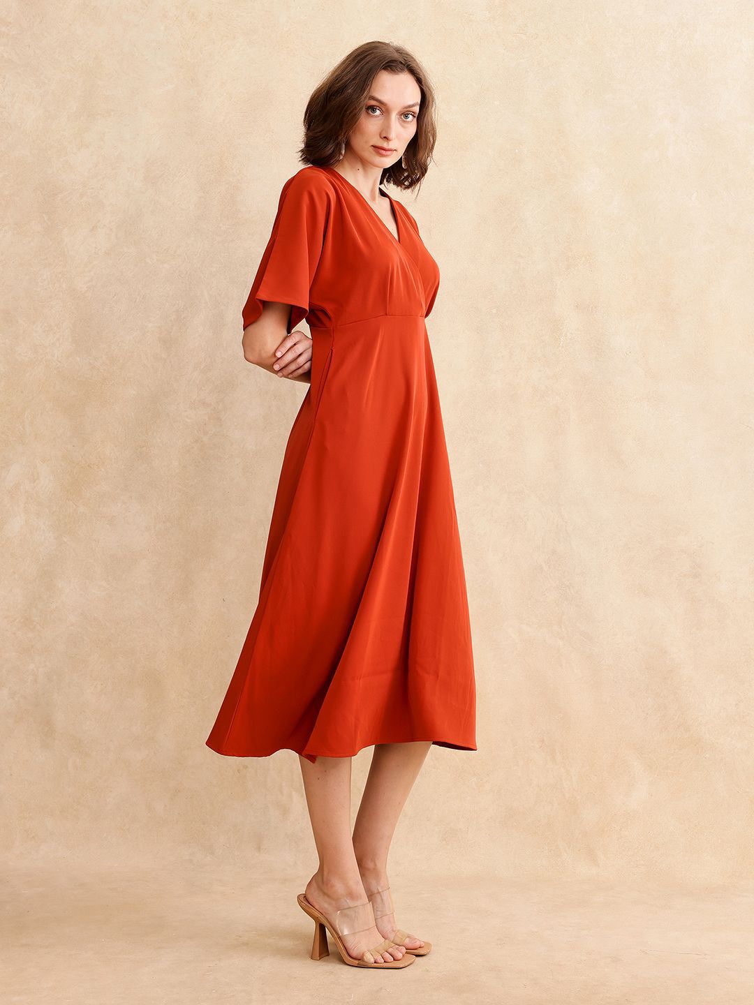 RAREISM Women V-Neck Fit & Flare Cotton Midi Dress