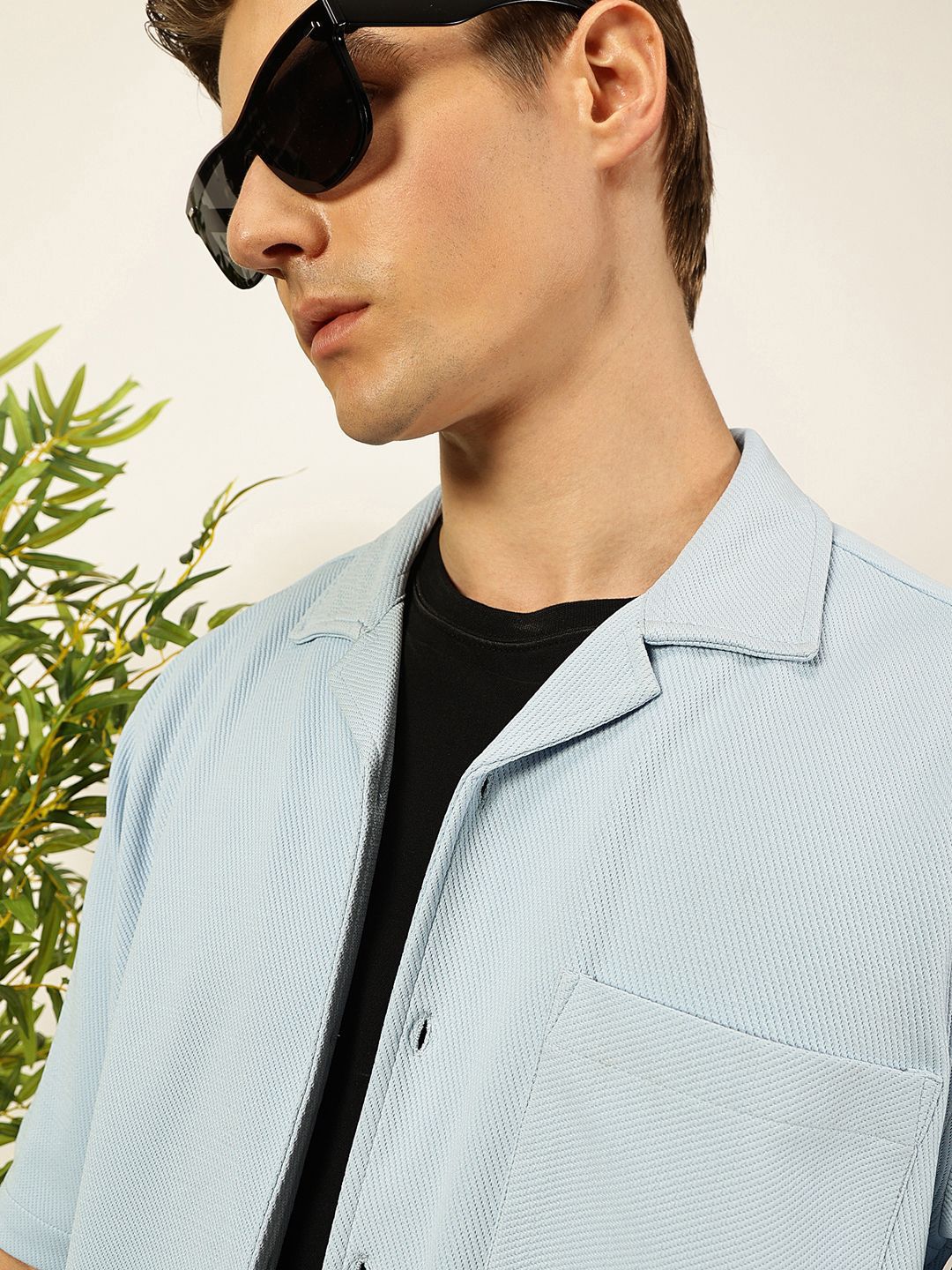 Thomas Scott Men Premium Cuban Collar Textured Cotton Oversized Casual Shirt