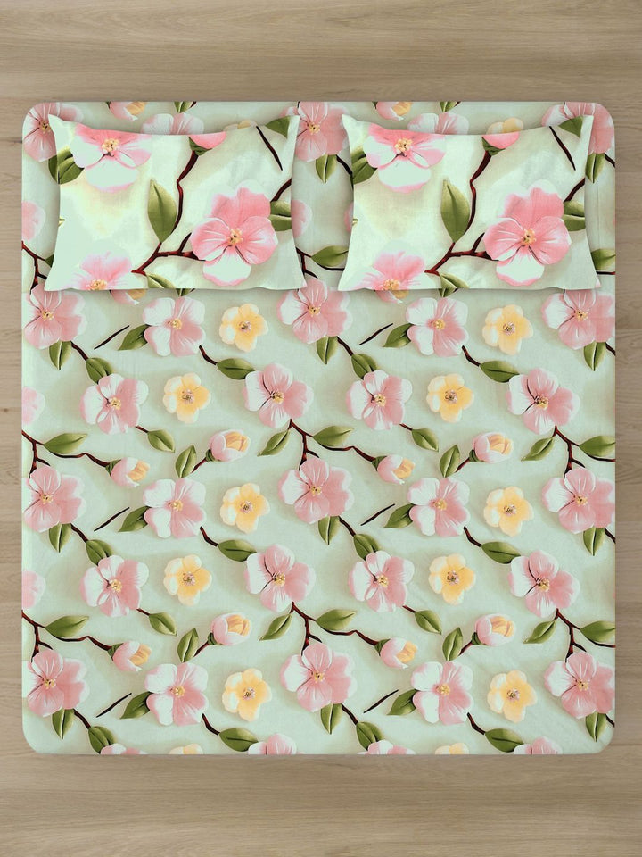 Myntra Elegant Green Floral Printed Dilengkapi 300 TC King 7D Cadar & 2 Sarung Bantal