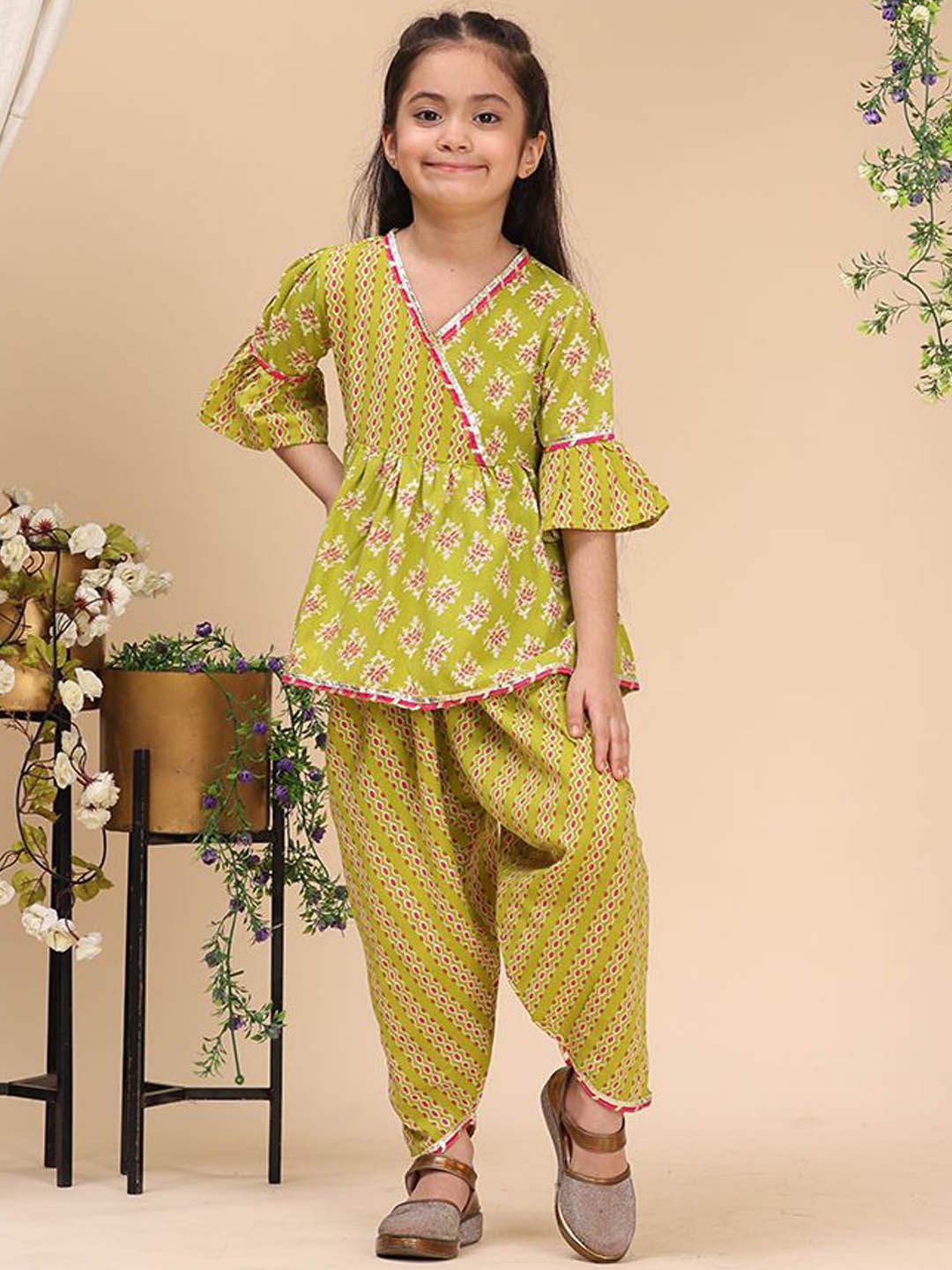 Cutiekins Girls Ethnic Motifs Printed Angrakha Gotta Patti Kurta with Dhoti Pants