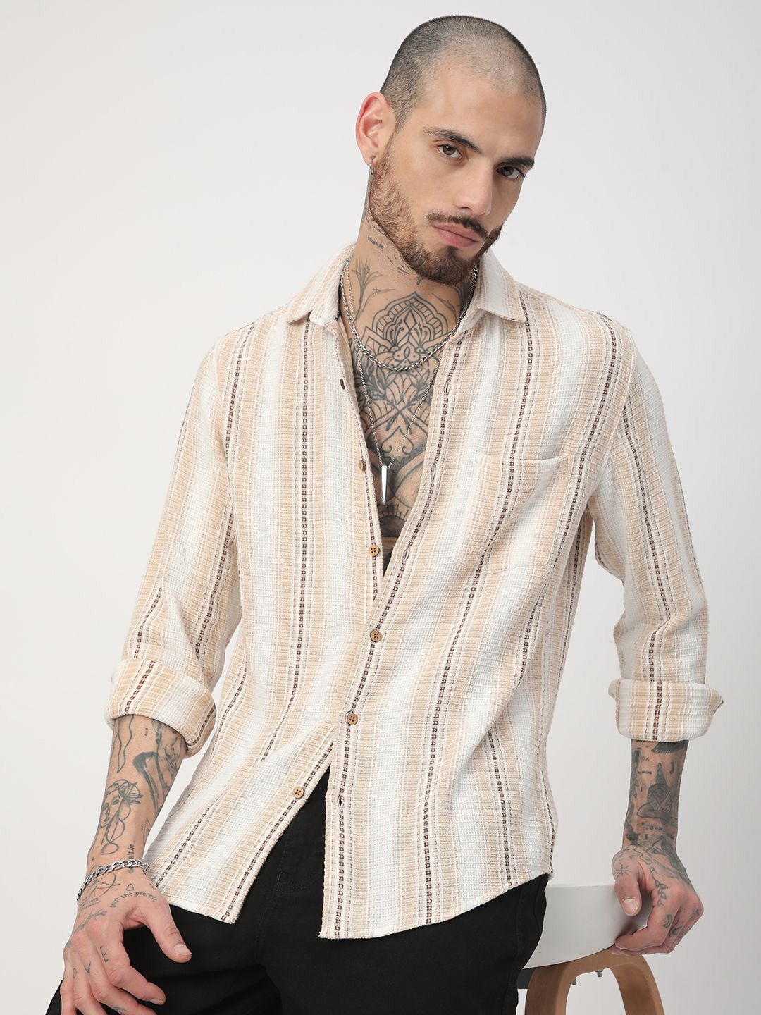 VASTRADO Men Classic Slim Fit Multi Stripes Pure Cotton Striped Casual Shirt