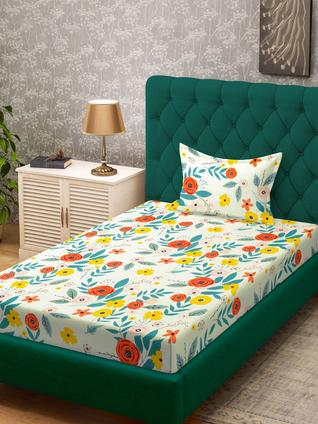 KLOTTHE White Floral Polycotton 300 TC Dilengkapi Cadar Bujang Halus dengan Sarung Bantal-87 x 59 inci