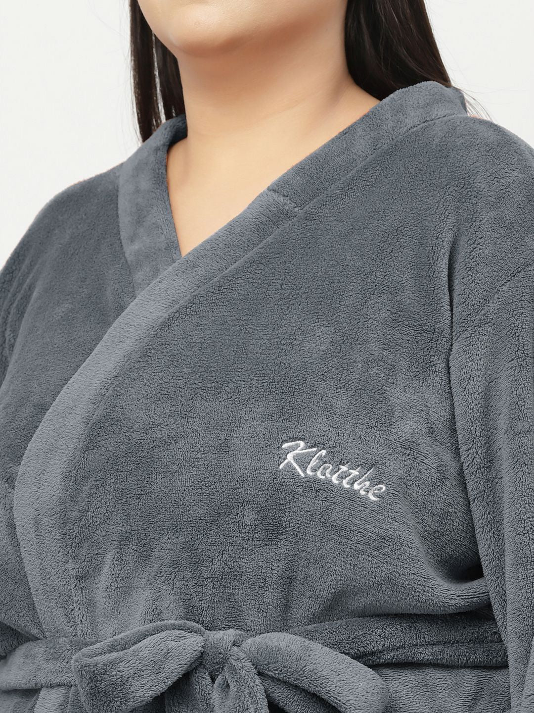 KLOTTHE Plus Size Grey Solid Long Sleeve Woolen Bath Robe With Belt