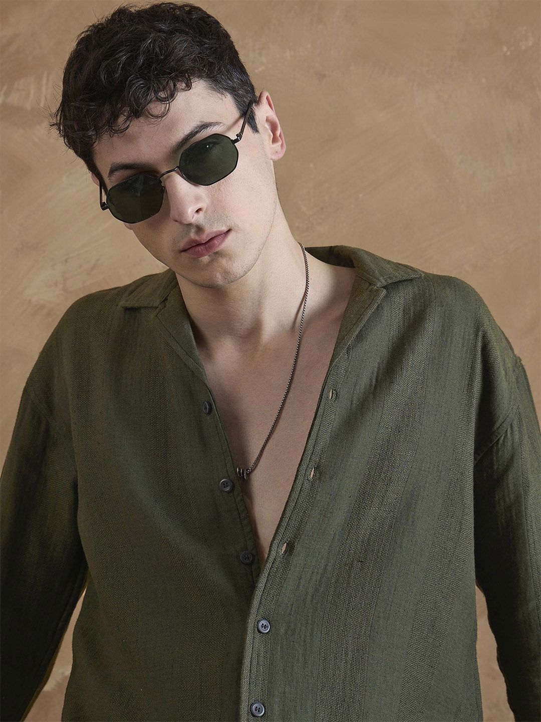 DENNISON Men Olive Double Gauge Self Design Shirt