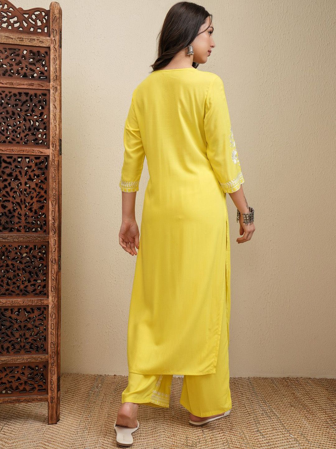 Vishudh Yellow Floral Embroidered Round Neck Thread Work Straight Kurta With Palazzos