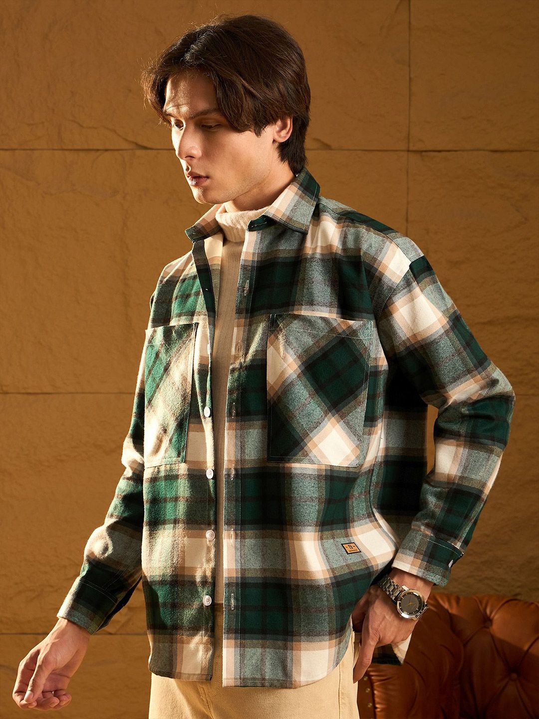 DENNISON Men Double Pocket Drop Shoulder Oversized Cotton Checked Shacket
