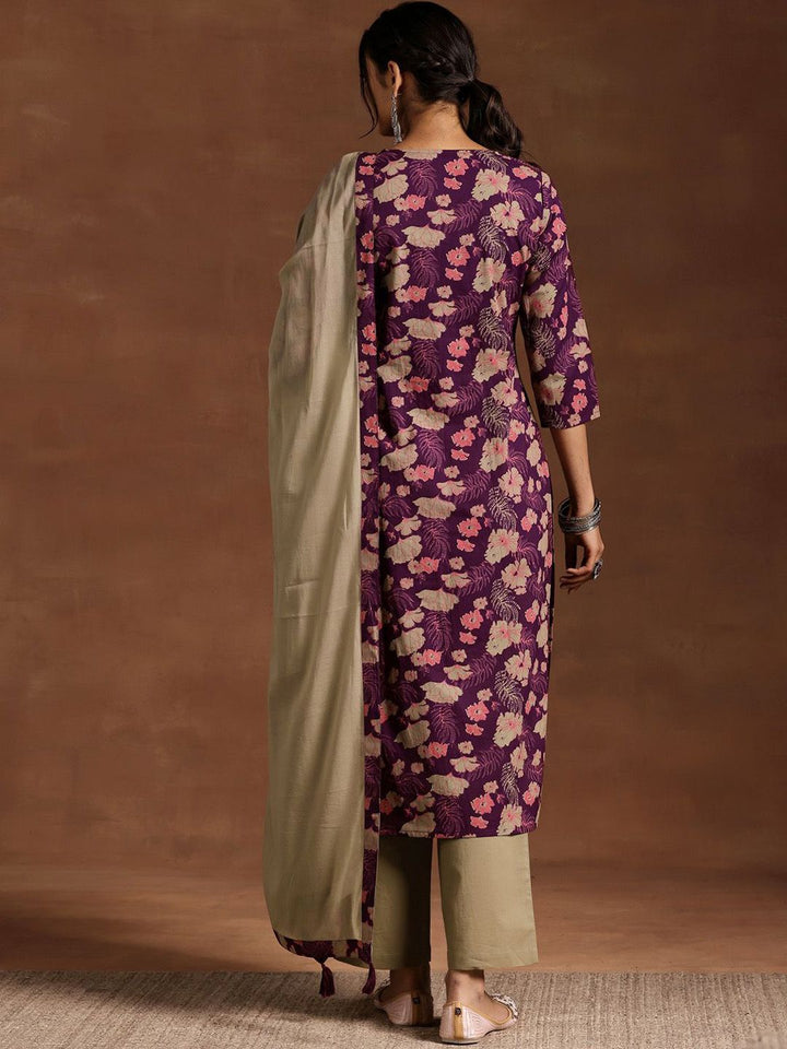 Libas Floral Printed V-Neck Sraight Kurta With Trousers And Dupatta
