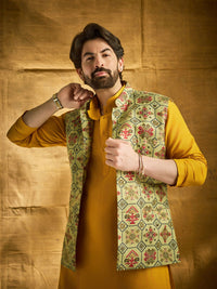 SOJANYA Band Collar Straight Kurta Dengan Churidar Dan Jaket Nehru