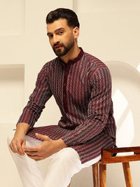 SOJANYA Geometrik Sulam Benang Kerja Mandarin Collar Straight Kurta