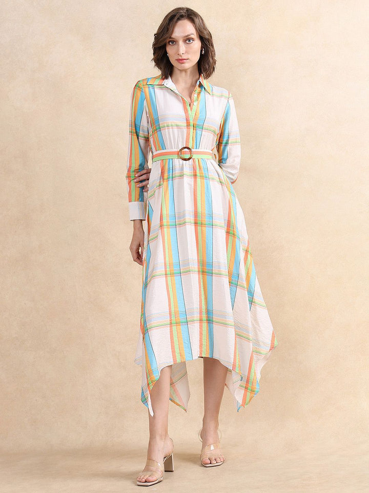 RAREISM Women Checked Fit & Flare Belted Maxi Dress Pocket Detailing