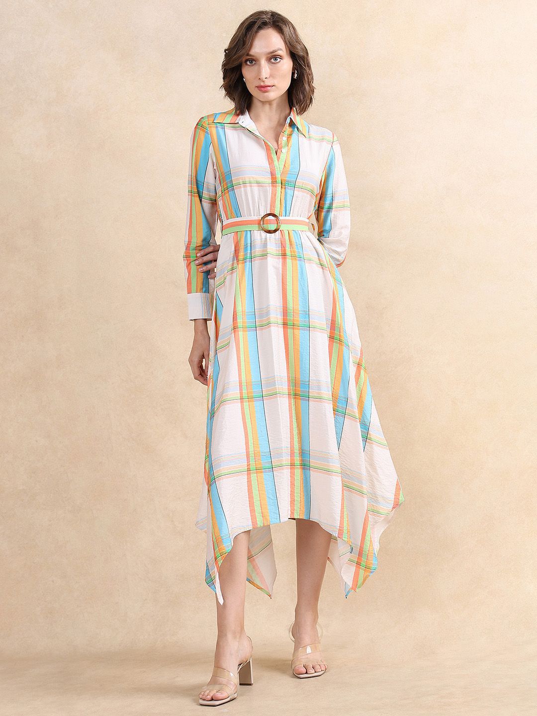 RAREISM Women Checked Fit & Flare Belted Maxi Dress Pocket Detailing
