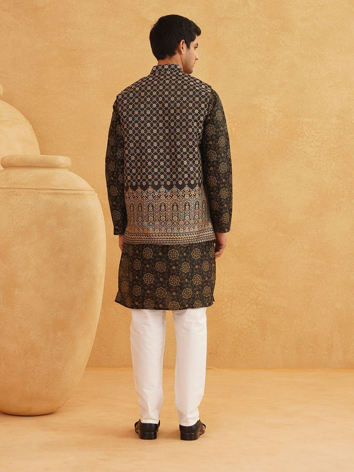 SOJANYA Floral Printed Mandarin Collar Kurta With Churidar And Nehru Jacket